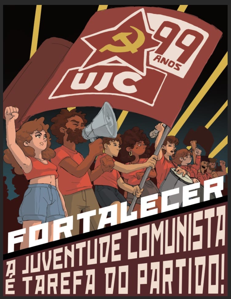 Jovens em ato com bandeira da UJC, megafone e faixa sobre os 99 anos da entidade. Em ilustração 2D.