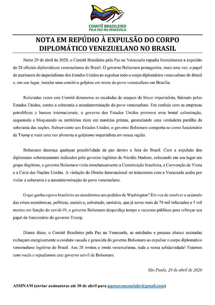 Nota em repúdio à expulsão do corpo diplomático venezuelano no Brasil