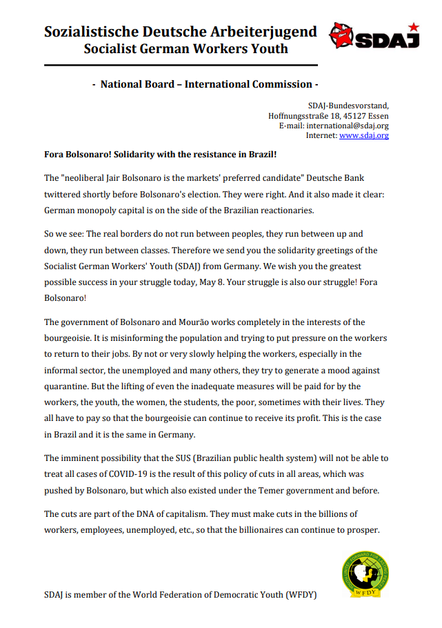 Juventude Socialista Alemã dos Trabalhadores: Fora Bolsonaro! Solidariedade com a resistência no Brasil!